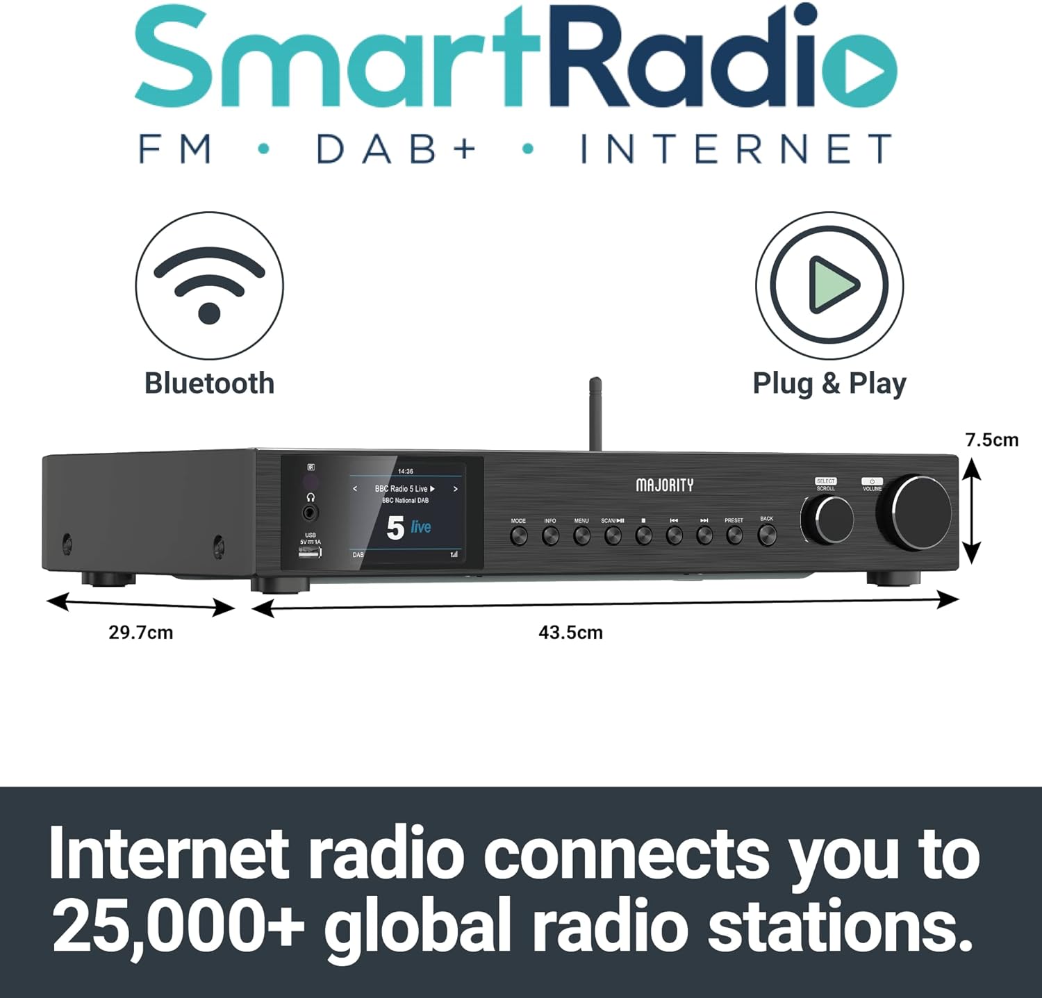 Majority FITZWILLIAM 2 Radio WiFi/BT/USB/FM/LineOut/Display Black