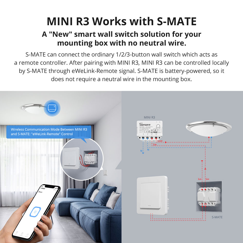 Sonoff S-Mate 16A Wifi Smart Switch (no neutral,aller retour)