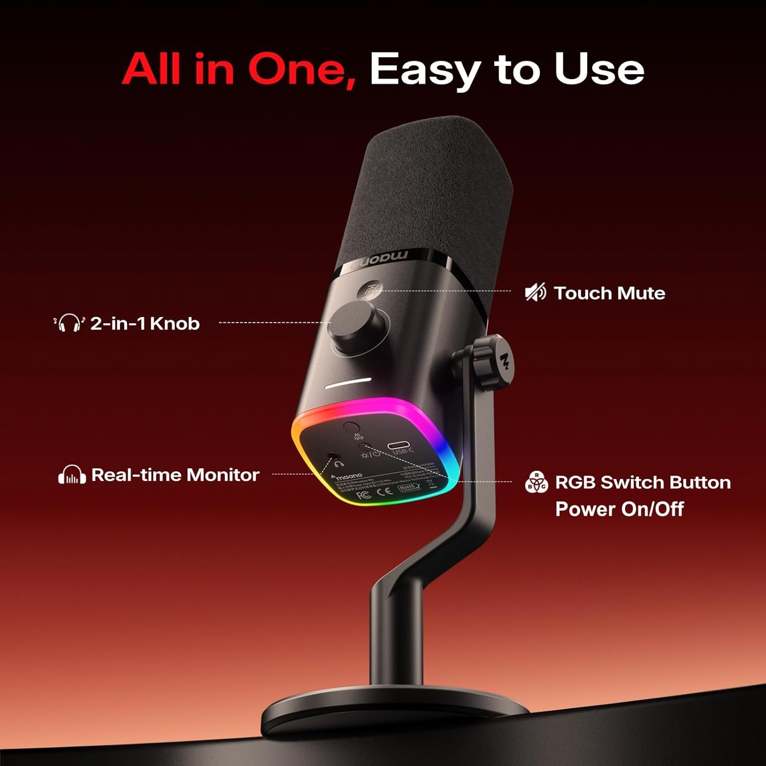 Maono Microphone Desktop Dynamic Wireless & USB-C 40Hr PD100W Black