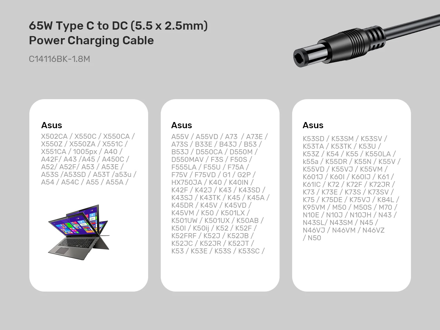 Unitek UCL USB-C to DC Cable 1.8m 65W for Toshiba-Asus 5.5x2.5mm C14116BK