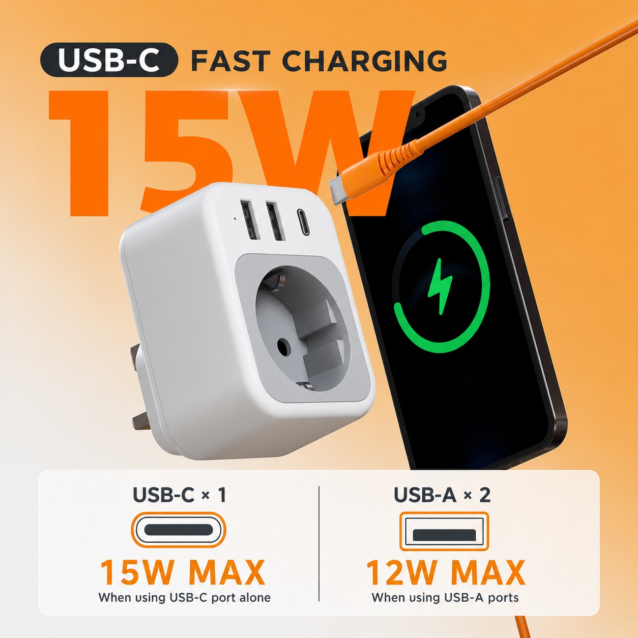 Tessan AC Plug Through 1-Gang 13A Schuko to UK Adaptor & 2xA 1xC 15W TS-TA03DEUK