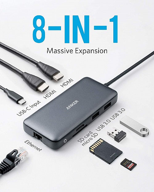 Anker Work USB-C Hub 8in1 2xHDMI,GB,SD,PD100W