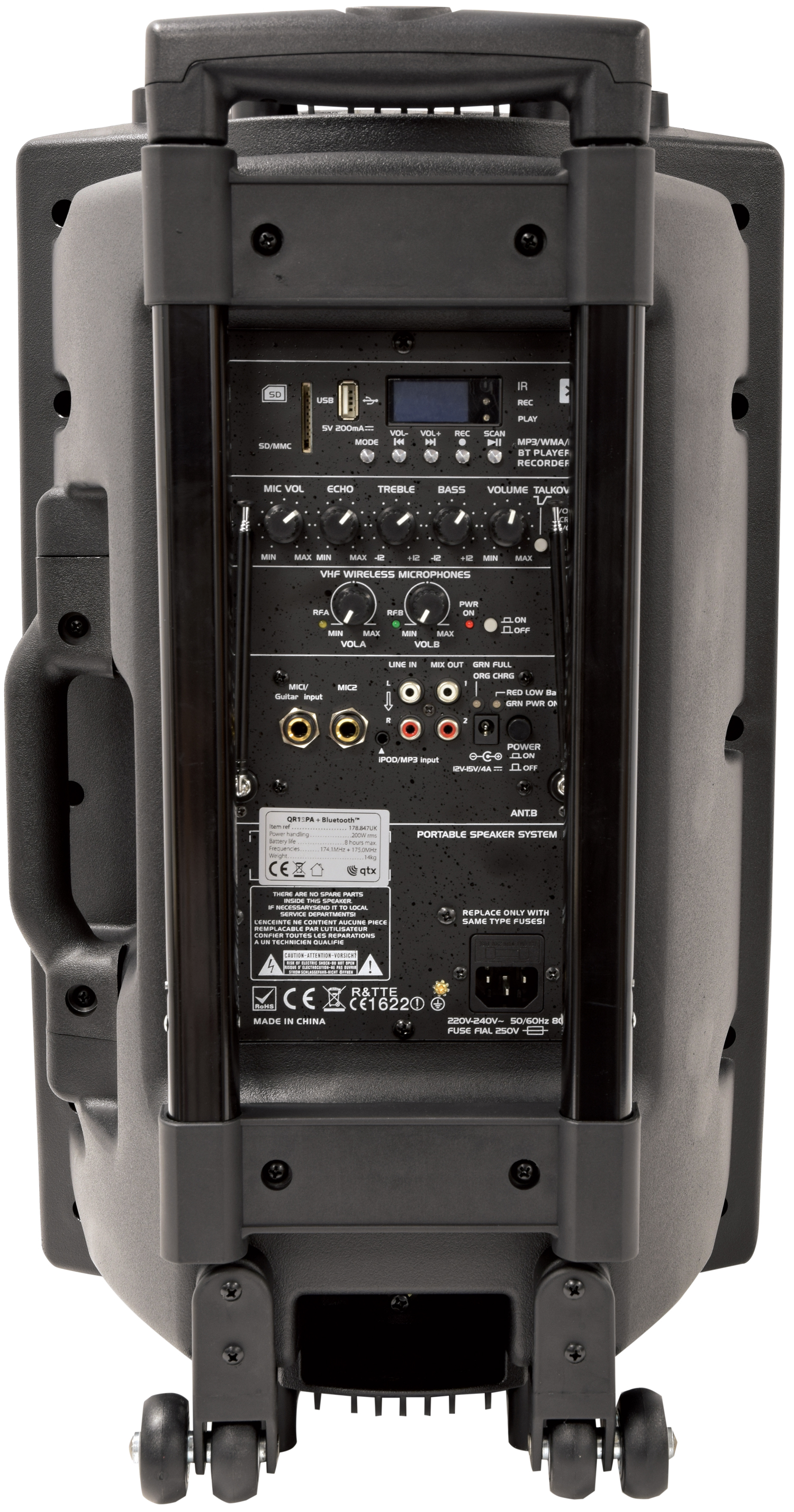 QTX QR15PA 15'' Professional Portable Karaoke & PA Speaker with 2x Wireless Microphones, Bluetooth USB & FM 178.848UK