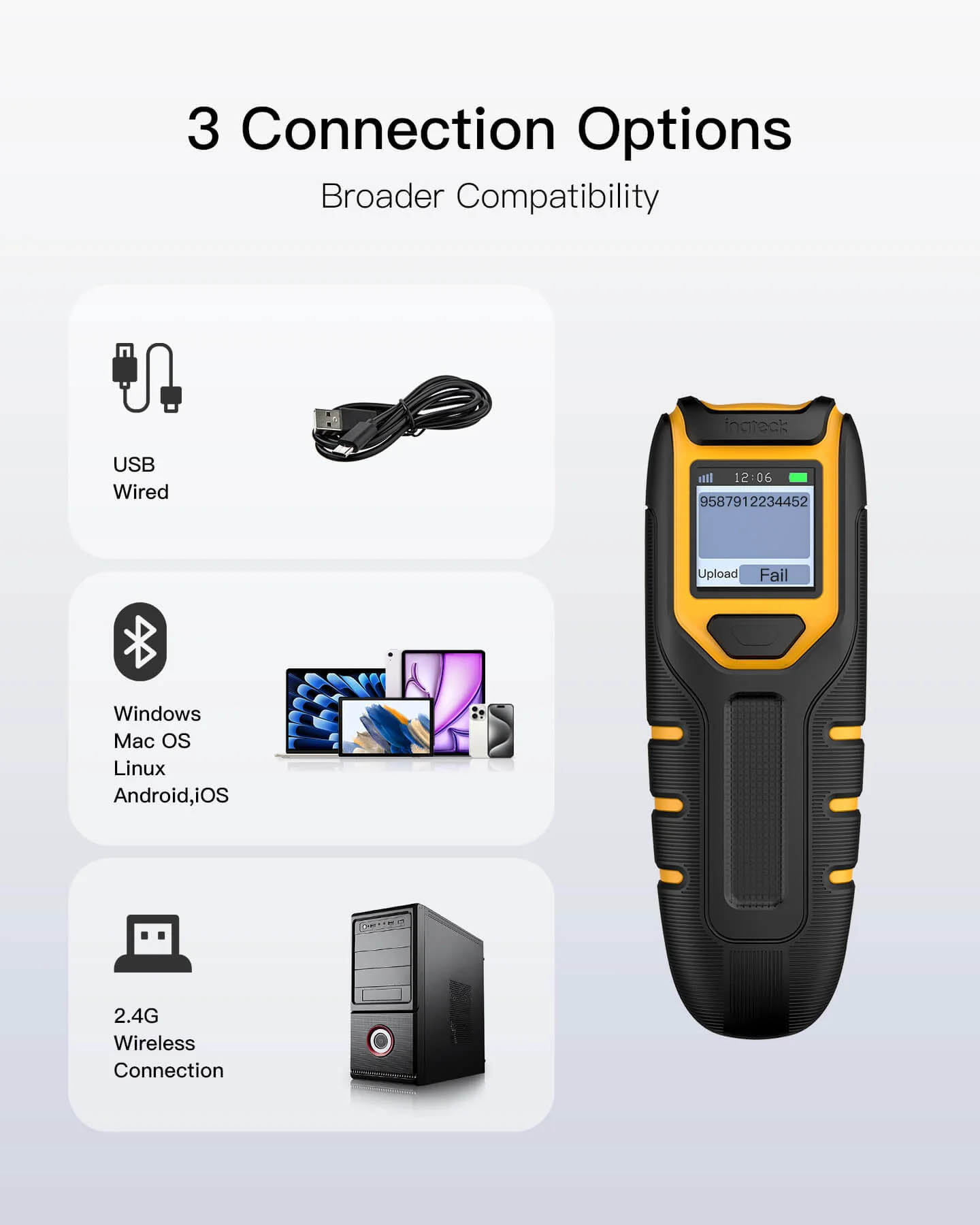 Inatech Barcode Scanner CMOS 1D/2D Wireless 2.4GHz/Bluetooth USB-A 1200mAh Portable & Display BCST-42 Green