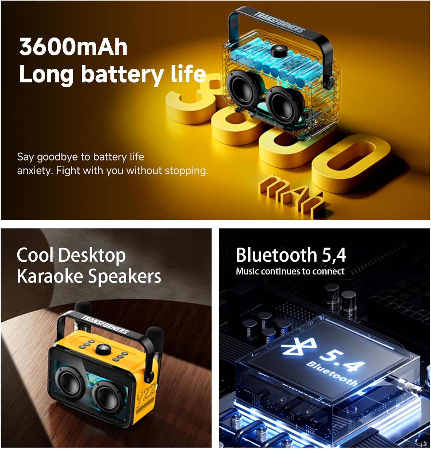 Transformers Portable BT Speaker 15W, Party Speaker with 2 Wireless Microphones, Bluetooth 5.4, LED Display, Voice Changer, USB/TF, Y22 Black