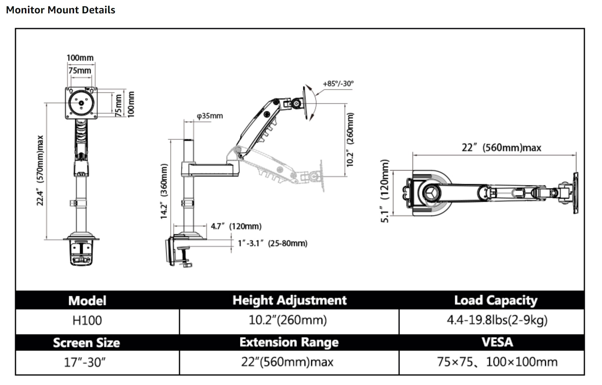 NBMounts H100 Single Arm Gas Desktop Monitor Mount (upgraded version)