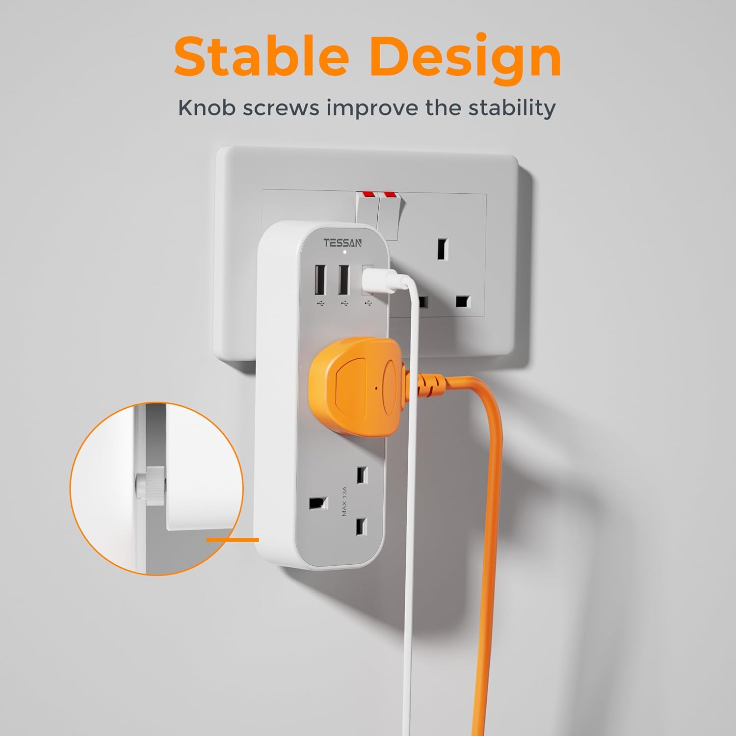 Tessan 2-Gang plug Through UK Charger 2 USB A USB C 13A TS-222-C