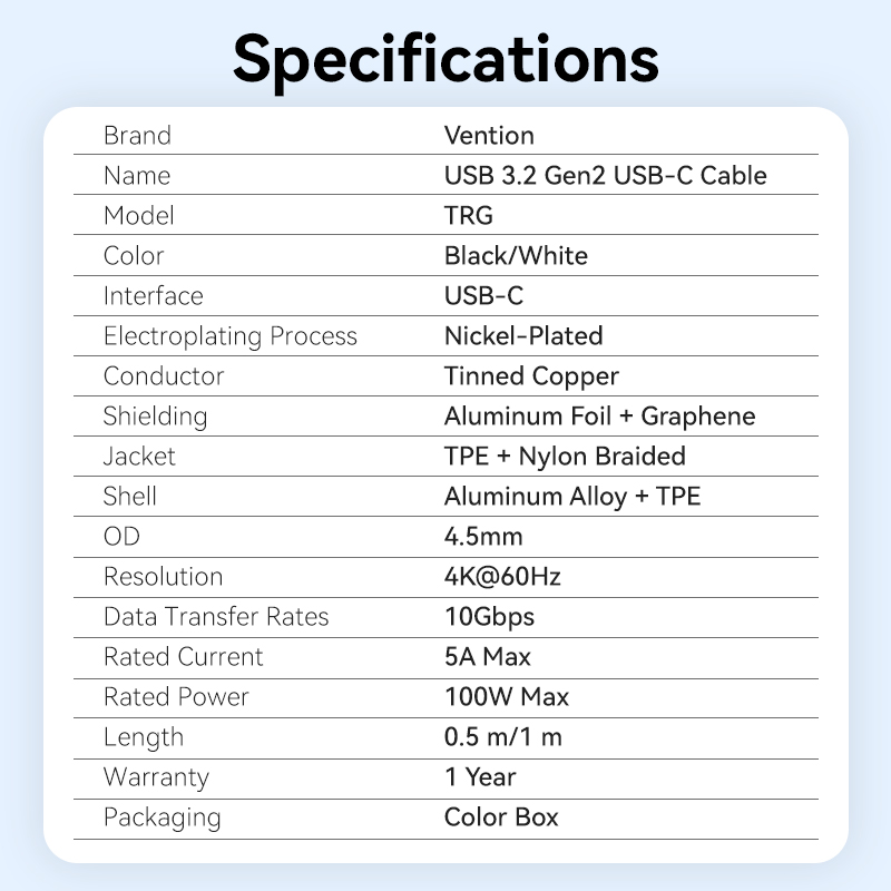 Vention IT Cable USB-C 3.2 Gen2 M-M 1.0m Braided Aluminum Black TRGBF