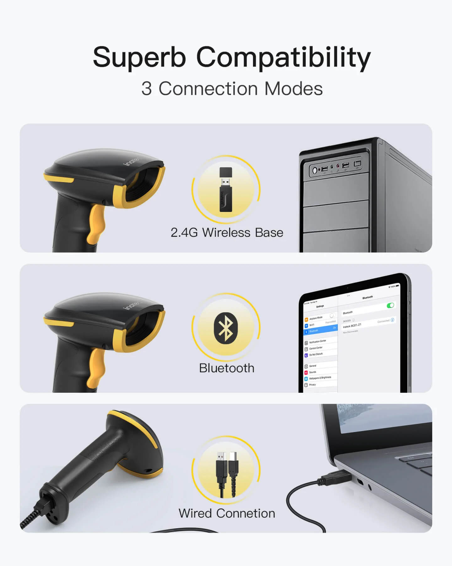 Inatech Barcode Scanner CMOS 1D/2D Wireless 2.4GHz/Bluetooth USB-A 2600mAh BCST-23 Black