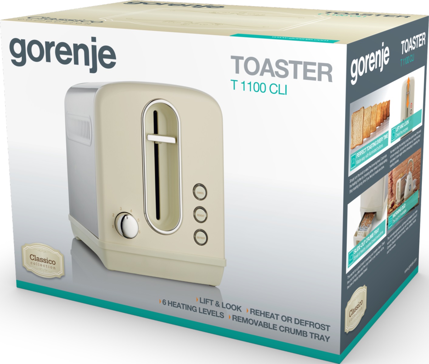 Gorenje Kitchen Toaster 850W 2 Slots 6 Heating Levels T1100CLI Ivory Metal