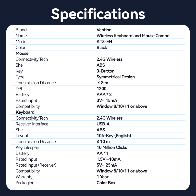 Vention Keyboard and Mouse Combo Wireless Silent Slim Full Size KTZB0-EN