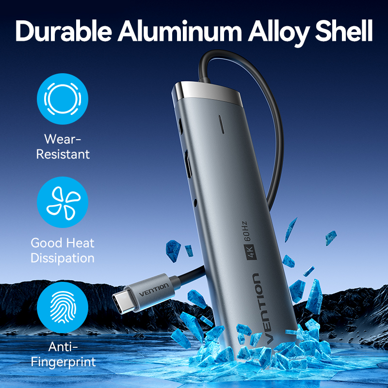 Vention HUB USB-C 1xUSB-C 3.2/USBA3.0/USBA2.0/HDMI 4K60Hz/RJ45/SD/3.5mm/PD TGVHB