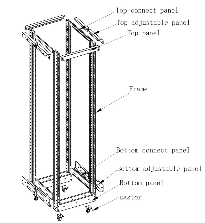NETPRO 19" Open Rack Cabinet 42U Adj.Depth 600-1000mm NP-OR-42U60100