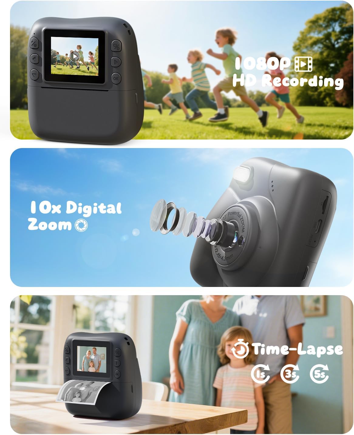 CAMCLID Children's Camera Instant Camera 1080P Instant Camera Children with 32GB Card & 3 Rolls of Printing Paper, for Boys and Girls 3-12 Years - Black