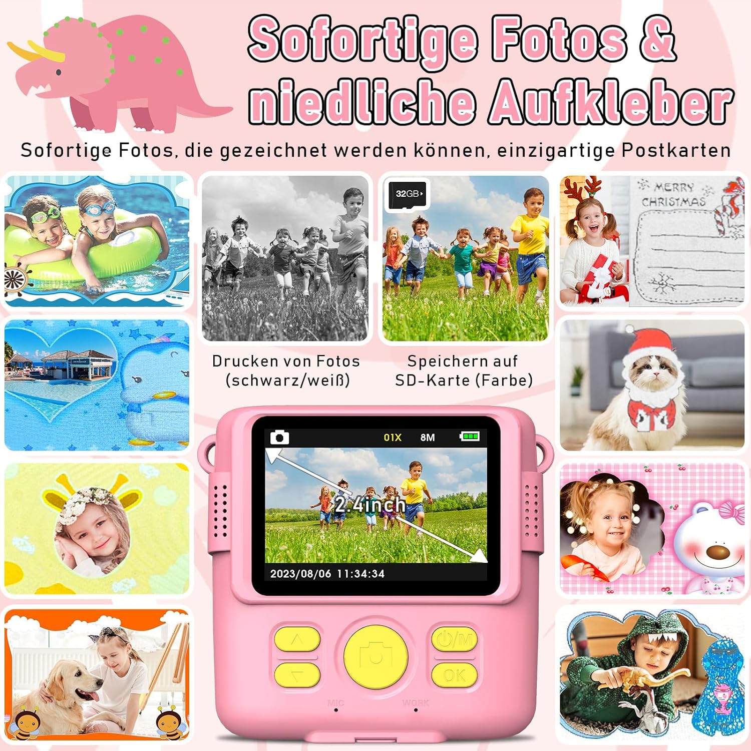 Children's Camera Instant Camera 1080P with 5 Rolls of Printing Paper, 32GB Card, Photo Camera with 6 Coloured Pens, 2 Stickers Gift for Children - Pink