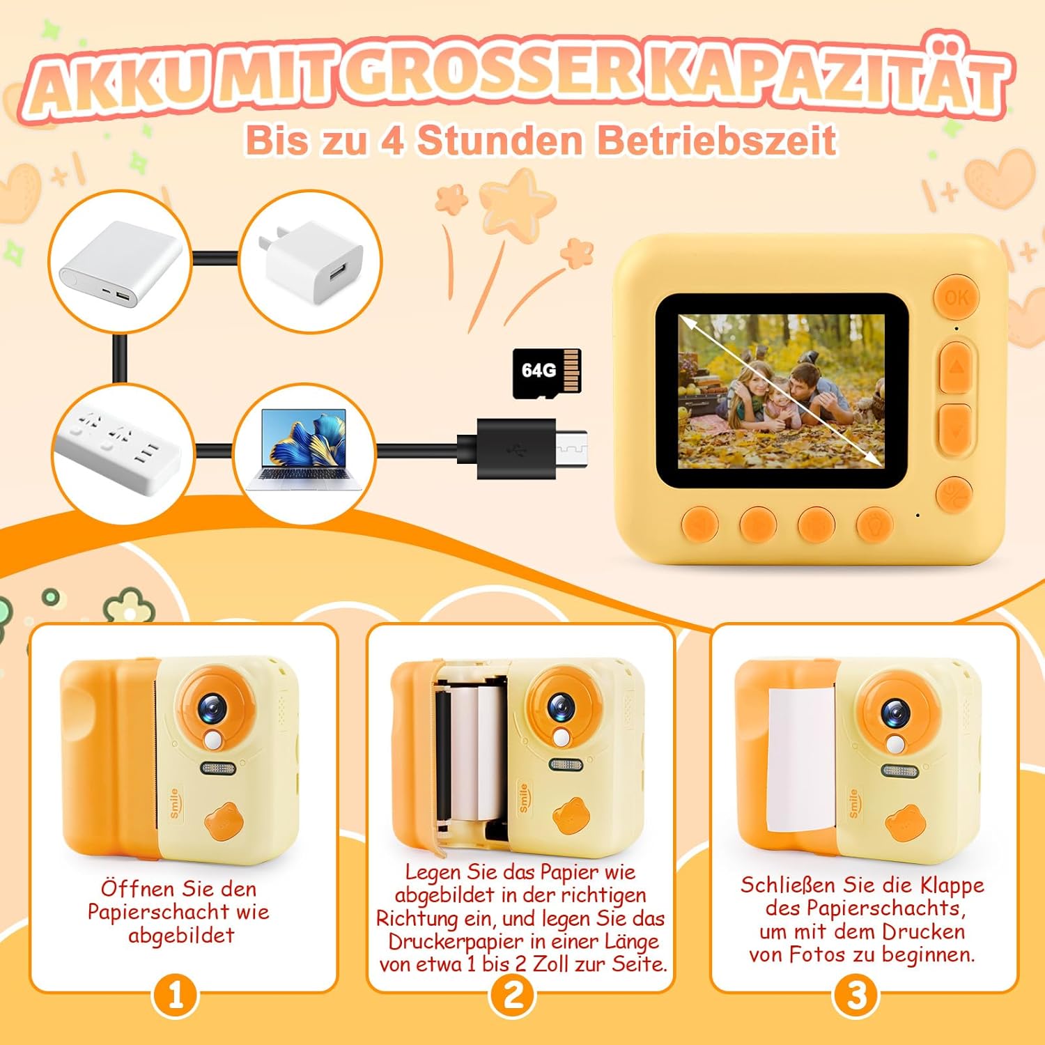 Instant Camera 1080P, 2.4 Inch Children's Camera, Instant Print with 64G Card & 3 Rolls of Printing Paper, Perfect for Children 3-12 Years