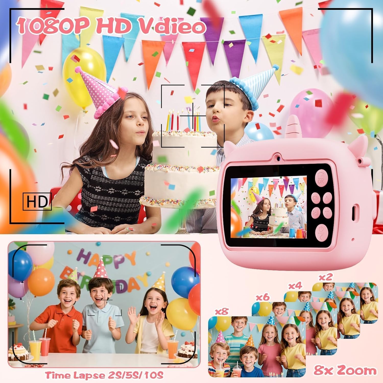 Kids Instant Camera with Printing Paper & 32G TF Card, Gift for Children 3-12 Years - Pink