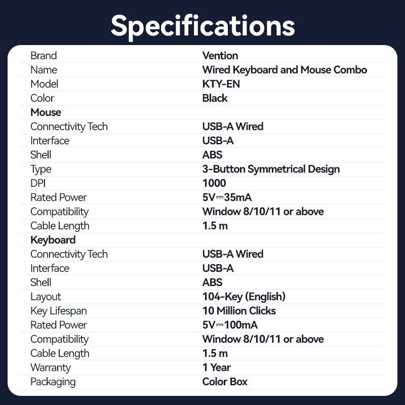 Vention Keyboard and Mouse Combo Wired Silent Slim Full Size KTYBG-EN