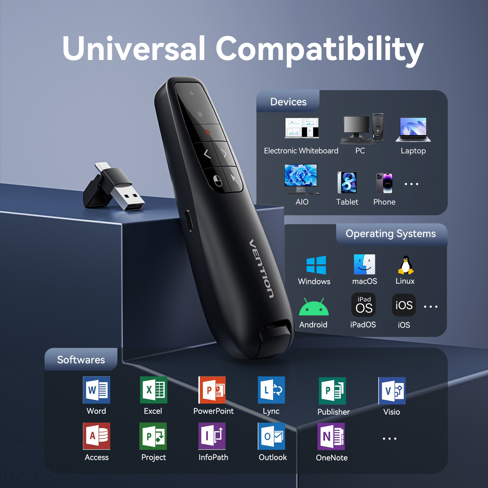 Vention Wireless Presenter Red Laser Pointer & Air Mouse Rechargeable KQPB0