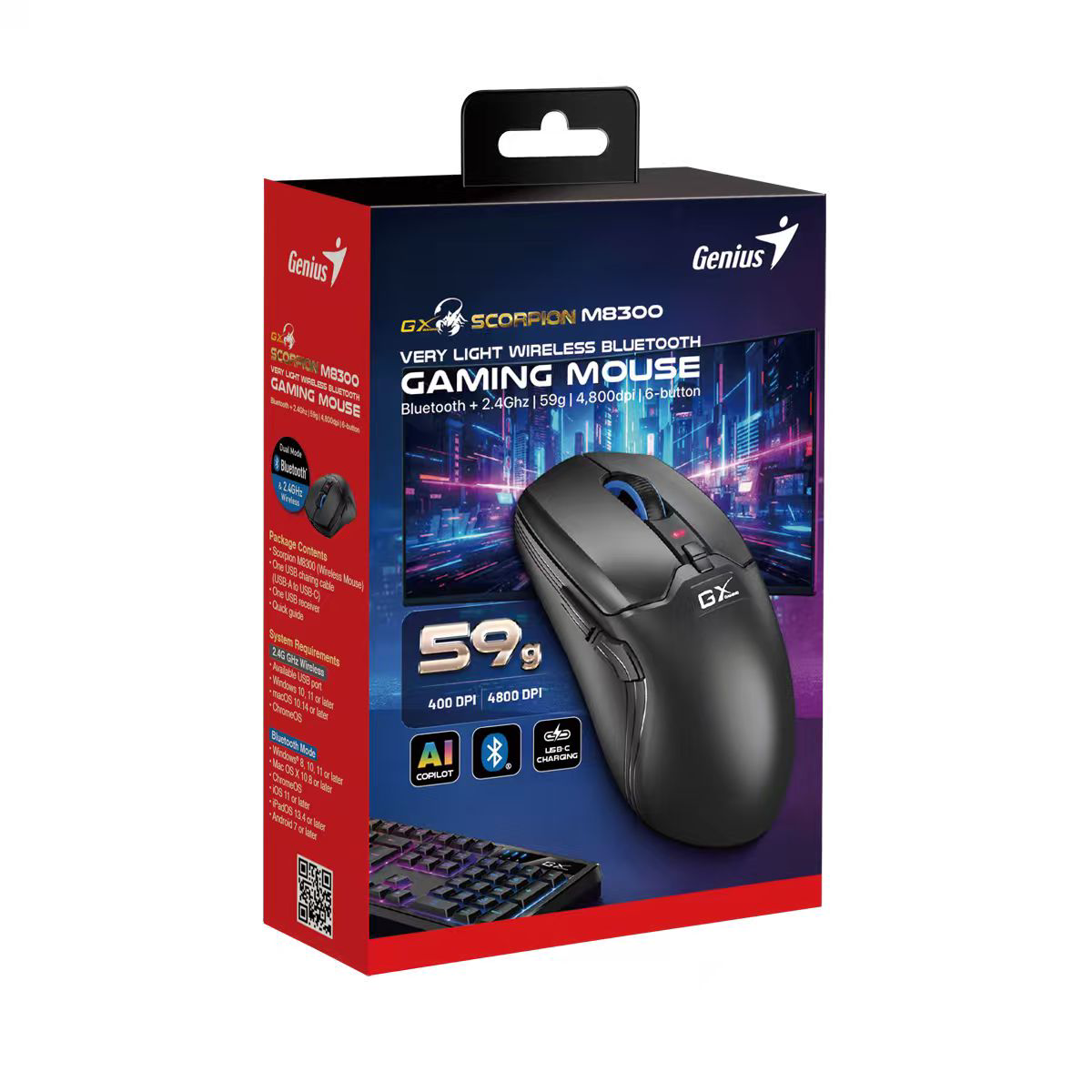 Genius Gaming Mouse Wireless+BT Rechargable & Lightweight RGB 4800DPI Scorpion M8300 Black