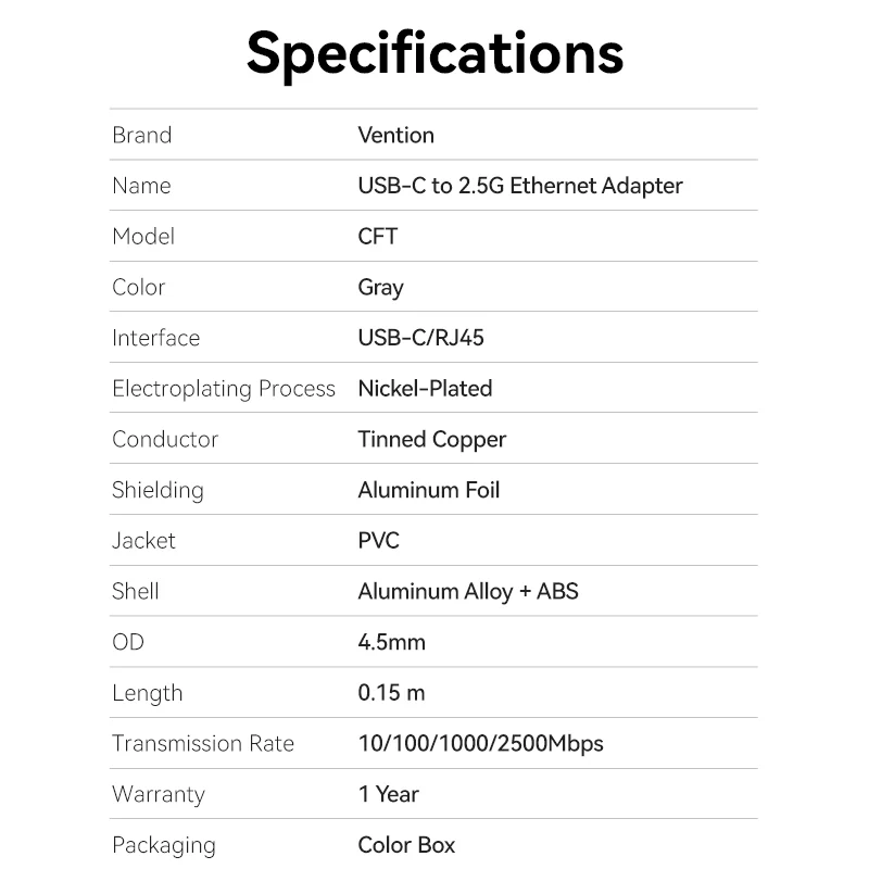 Vention Converter USB-C to 2.5 Gigabit Lan Aluminium Grey CFTHB