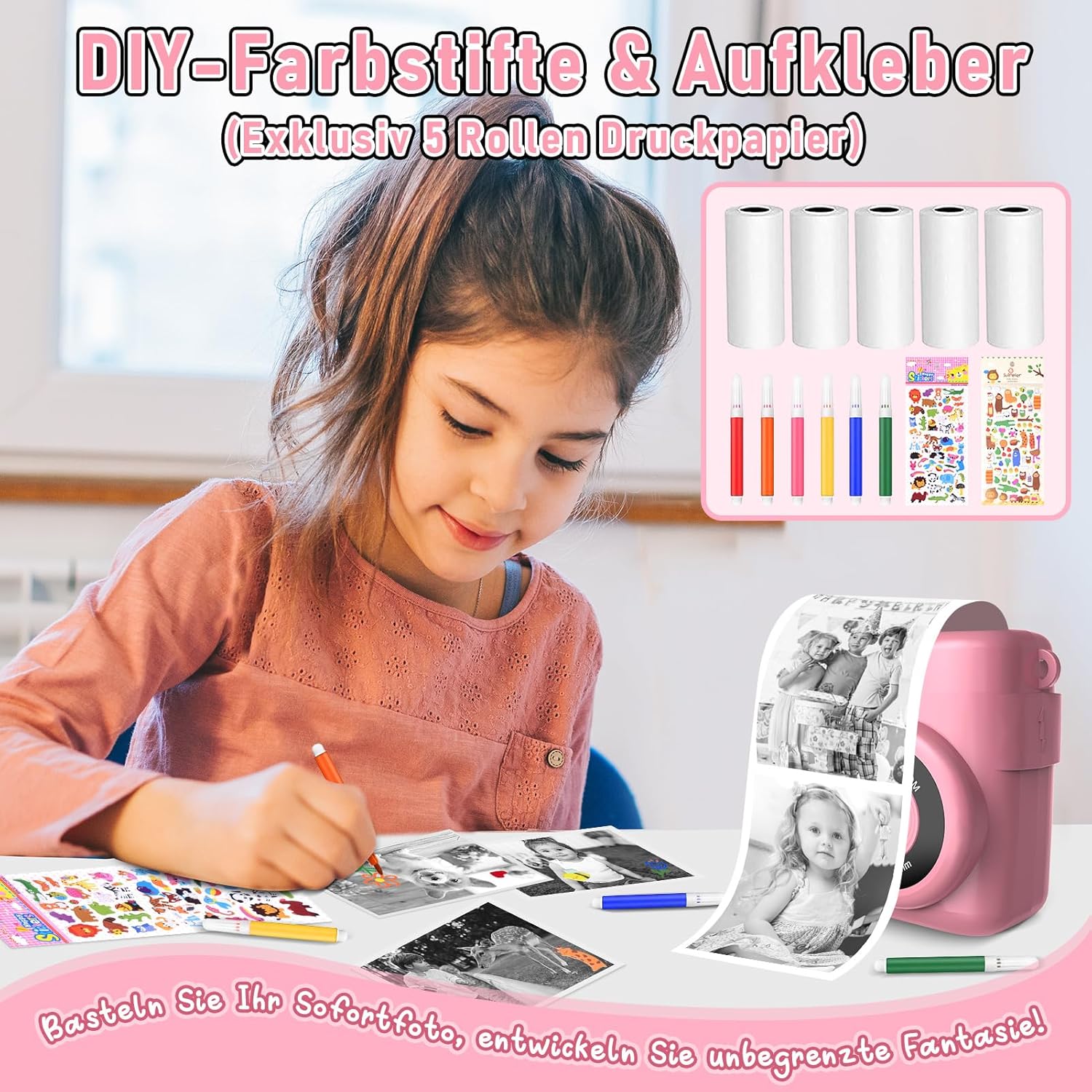 Children's Camera Instant Camera 1080P with 5 Rolls of Printing Paper, 32GB Card, Photo Camera with 6 Coloured Pens, 2 Stickers Gift for Children - Pink