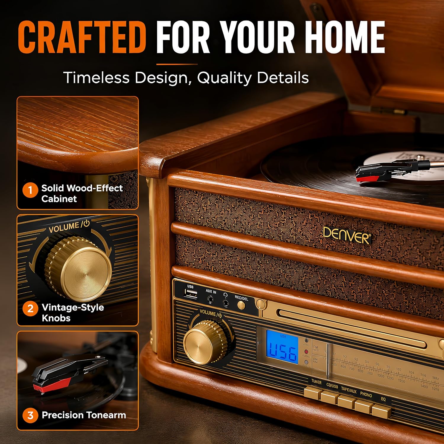 Denver AUDIO HiFi System with Turntable, CD, Cassette, FM & USB MCR-50MK3 Brown Wood