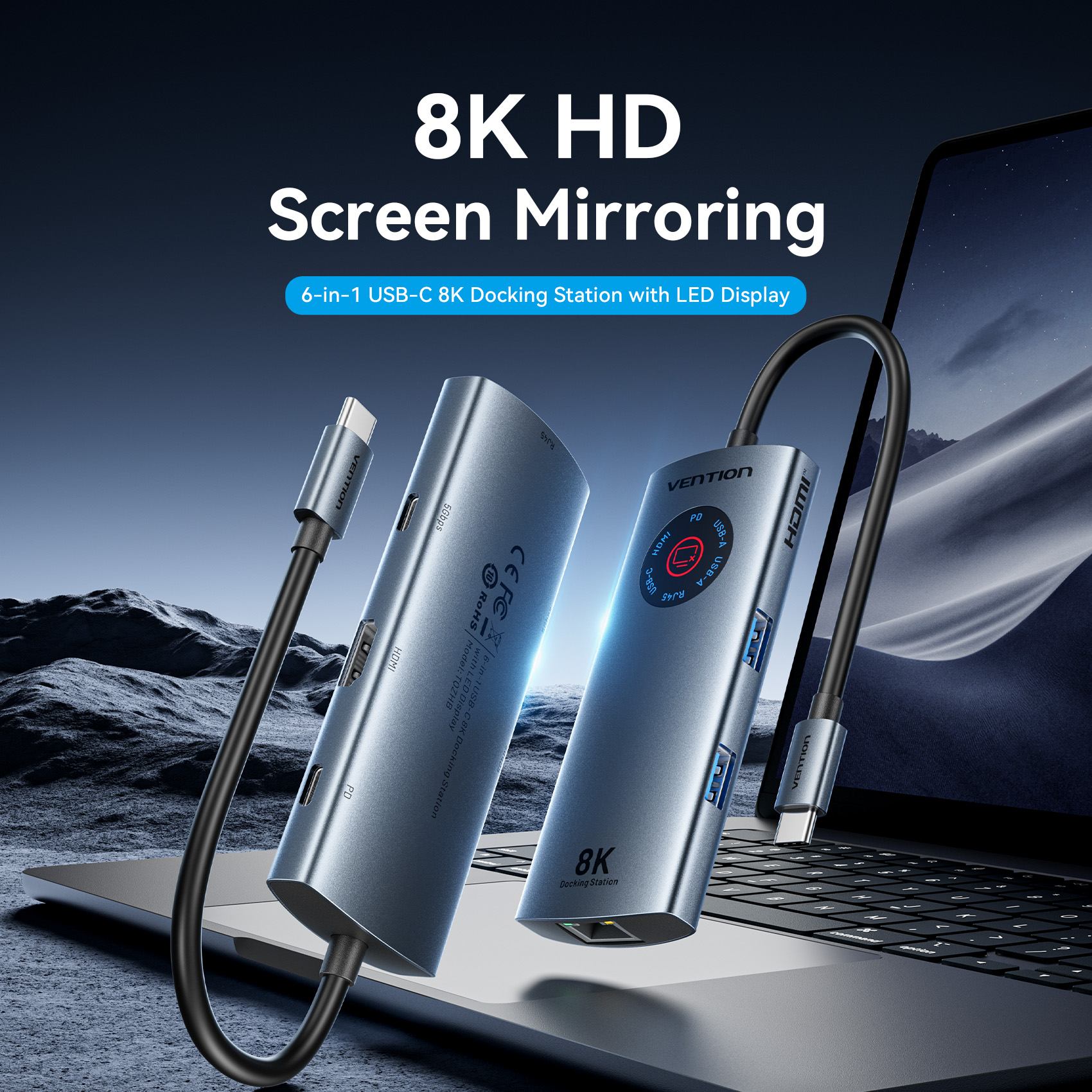 Vention HUB USB-C 3.2 Gen1/8K-HDMI/Gb/PD + LED Display & Switch TQZHB