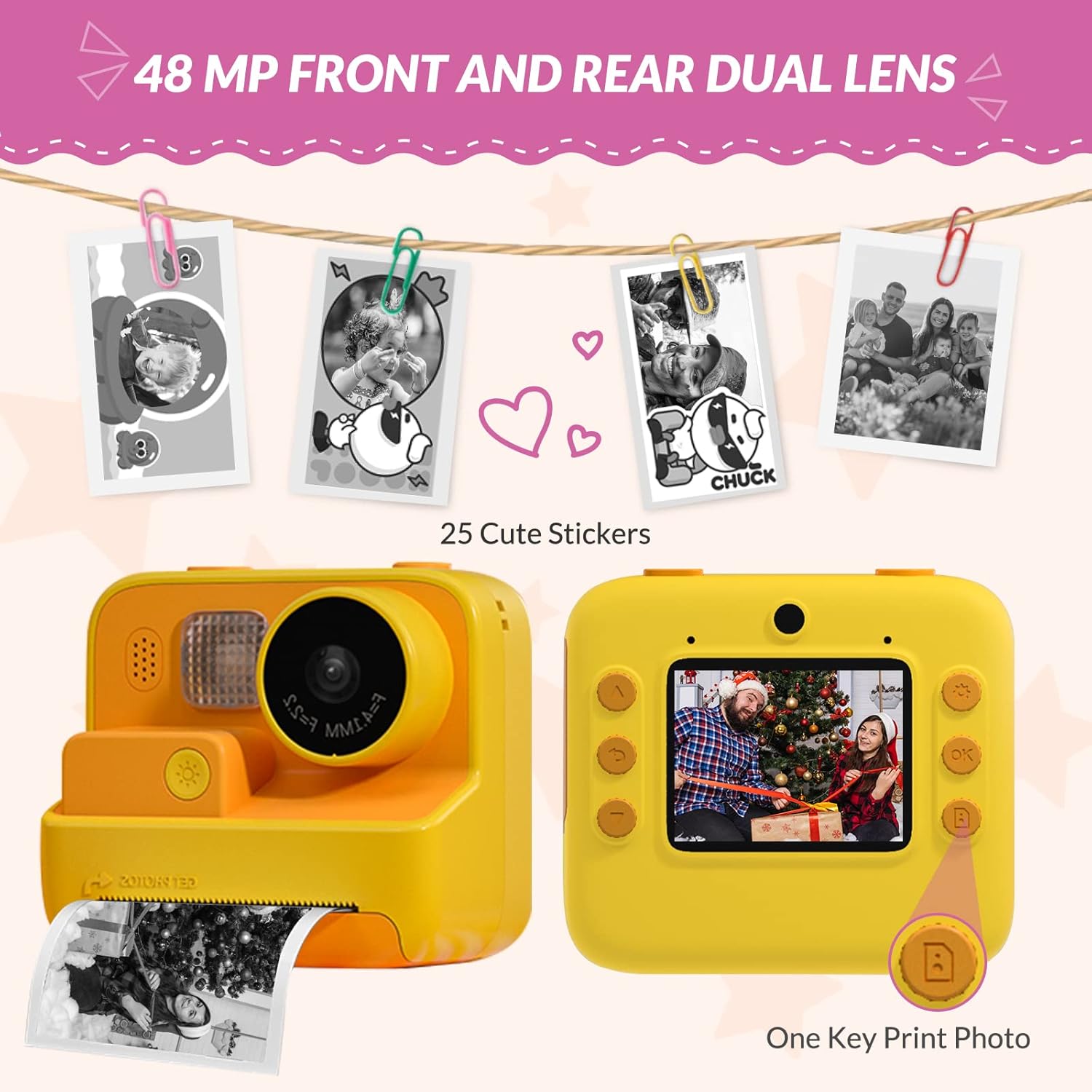 Kids Instant Camera with Printing Paper & 32G TF Card, Gift for Children 3-12 Years - Yellow