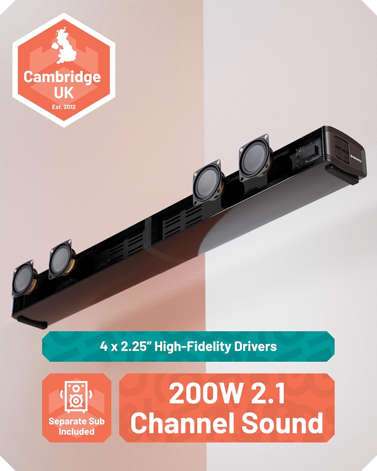 Majority Soundbar SB80 XTRA Split 2in1 Bar/Speakers 200W 2.1 with Sub,BT,HDMI,USB (Oakcastle)
