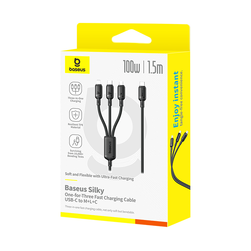 Baseus Cable 3in1 USB-C/Micro/Light to USB-C Silky One-for-Three 100W 1.5m Black