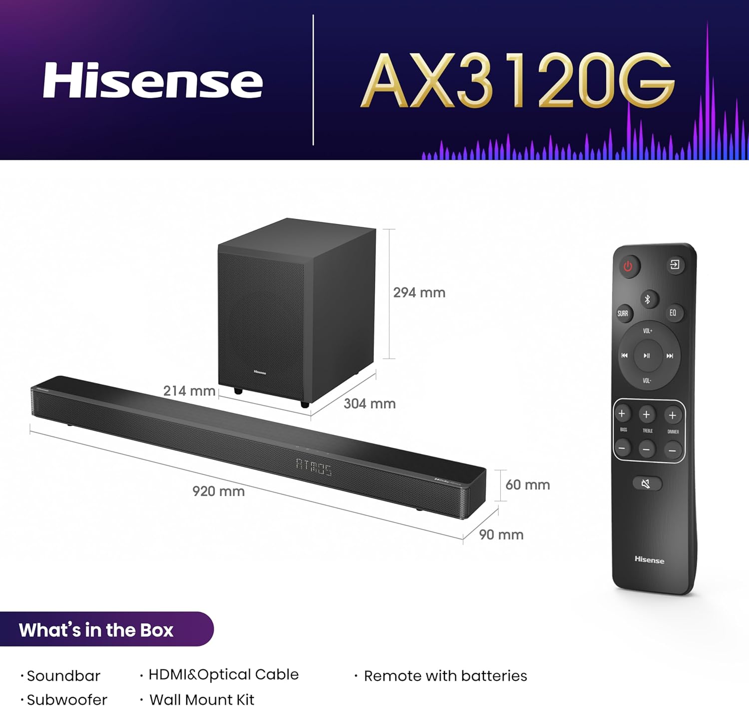 Hisense Soundbar AX3120G 3.1.2 CH 360W BT/USB/Optical DOLBY ATMOS