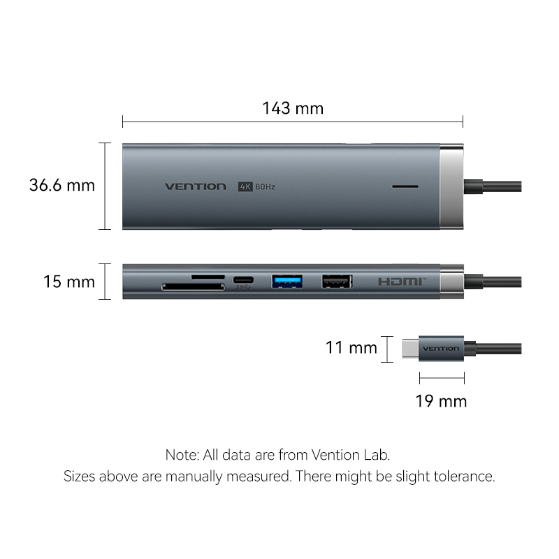 Vention HUB USB-C 1xUSB-C 3.2/USBA3.0/USBA2.0/HDMI 4K60Hz/RJ45/SD/3.5mm/PD TGVHB