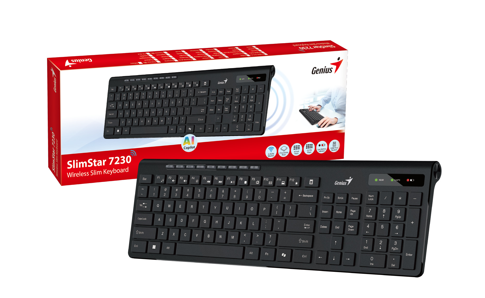 Genius Keyboard Wireless AI Chocolate Keys + 8 Hot Keys SlimStar 7230 English