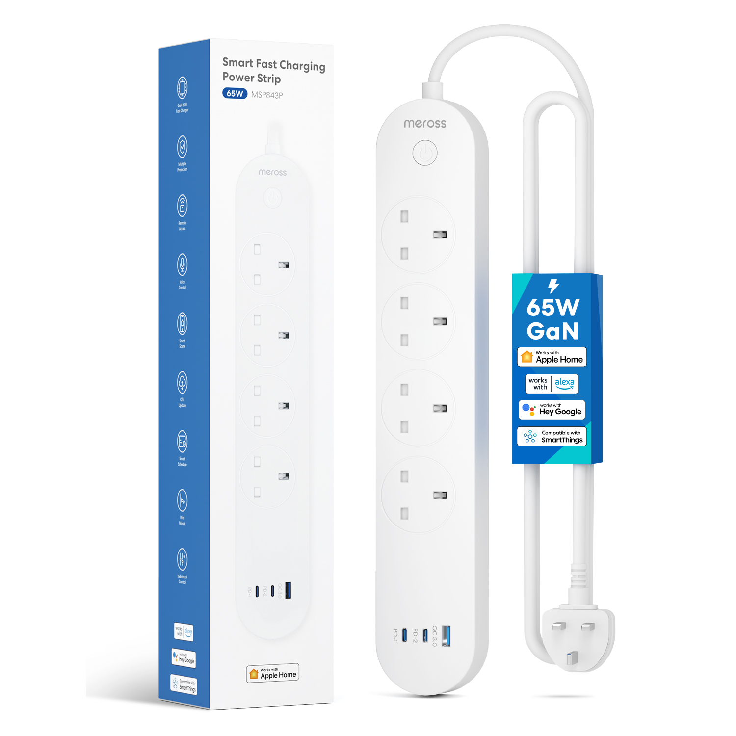 Meross Smart WiFi Powerstrip 4x AC sockets 1xUSB-A 2xUSB-C 65W 1.8m MSP843PHK-UK