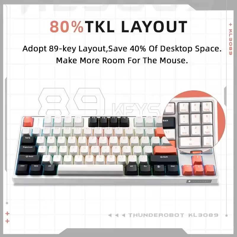 Thunderobot KG3089 White Mechanical Gaming Keyboard 89 Red Switch Keys
