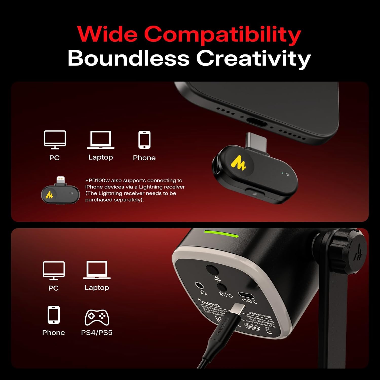 Maono Microphone Desktop Dynamic Wireless & USB-C 40Hr PD100W Black