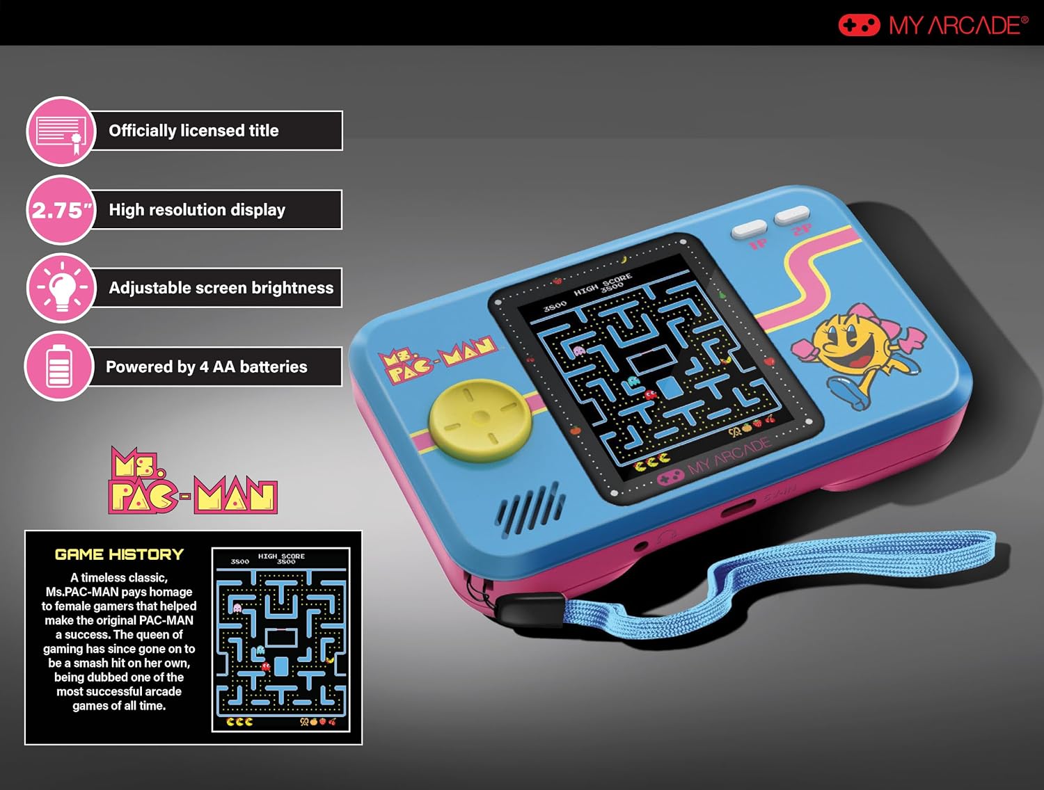 My Arcade Handheld (2.75") Pocket Player Pro Ms PAC-MAN (Pink & Blue)