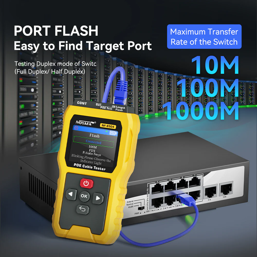 Noyafa Multi-Function Cable Tester for Continuity & Wiremap, PoE, Length Measurement, Port Flash, Color Screen & Rechargeable Battery NF-8504