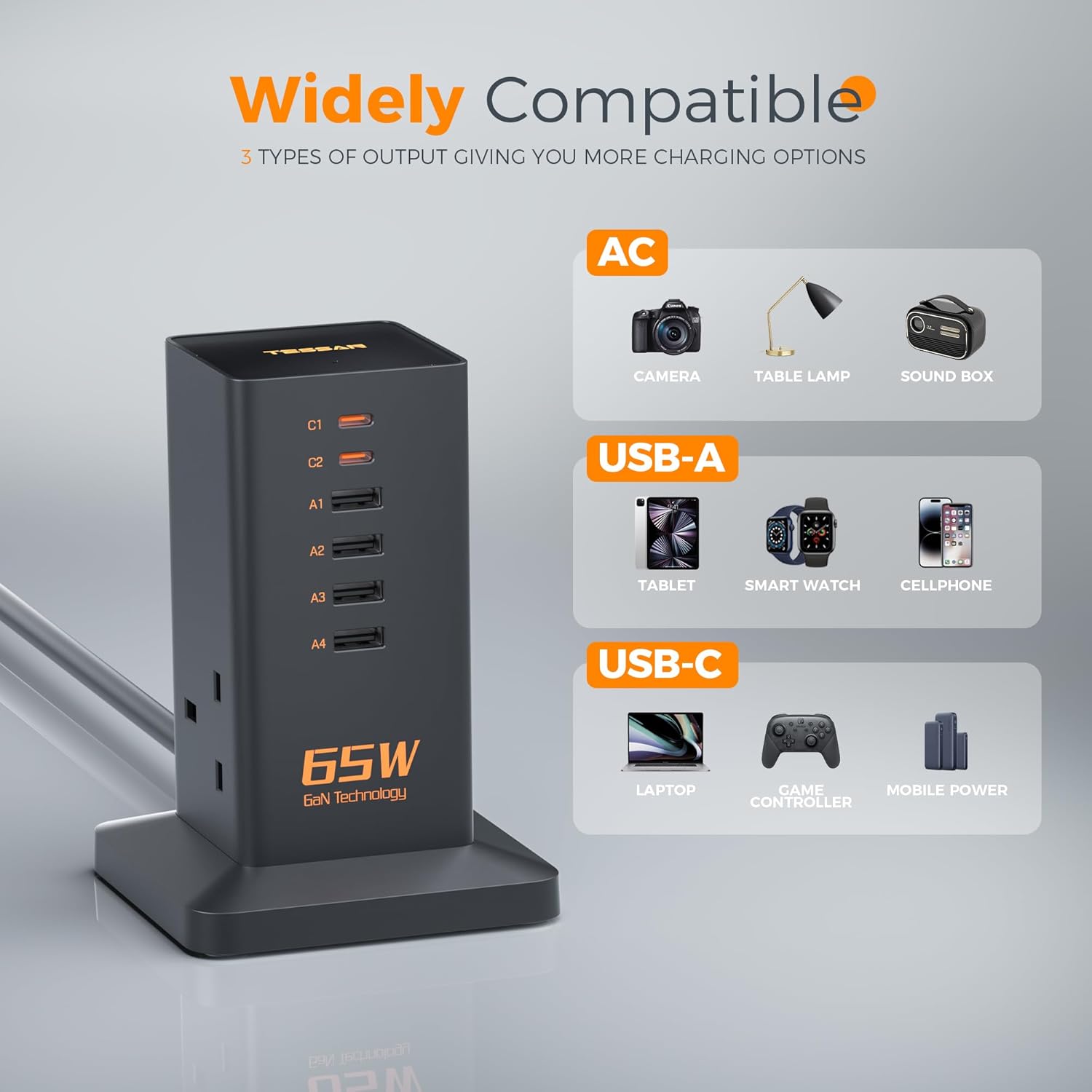 Tessan 2 Gang Extension  4 USB-A 2 USB C 2m 13A TS-FS02UK00