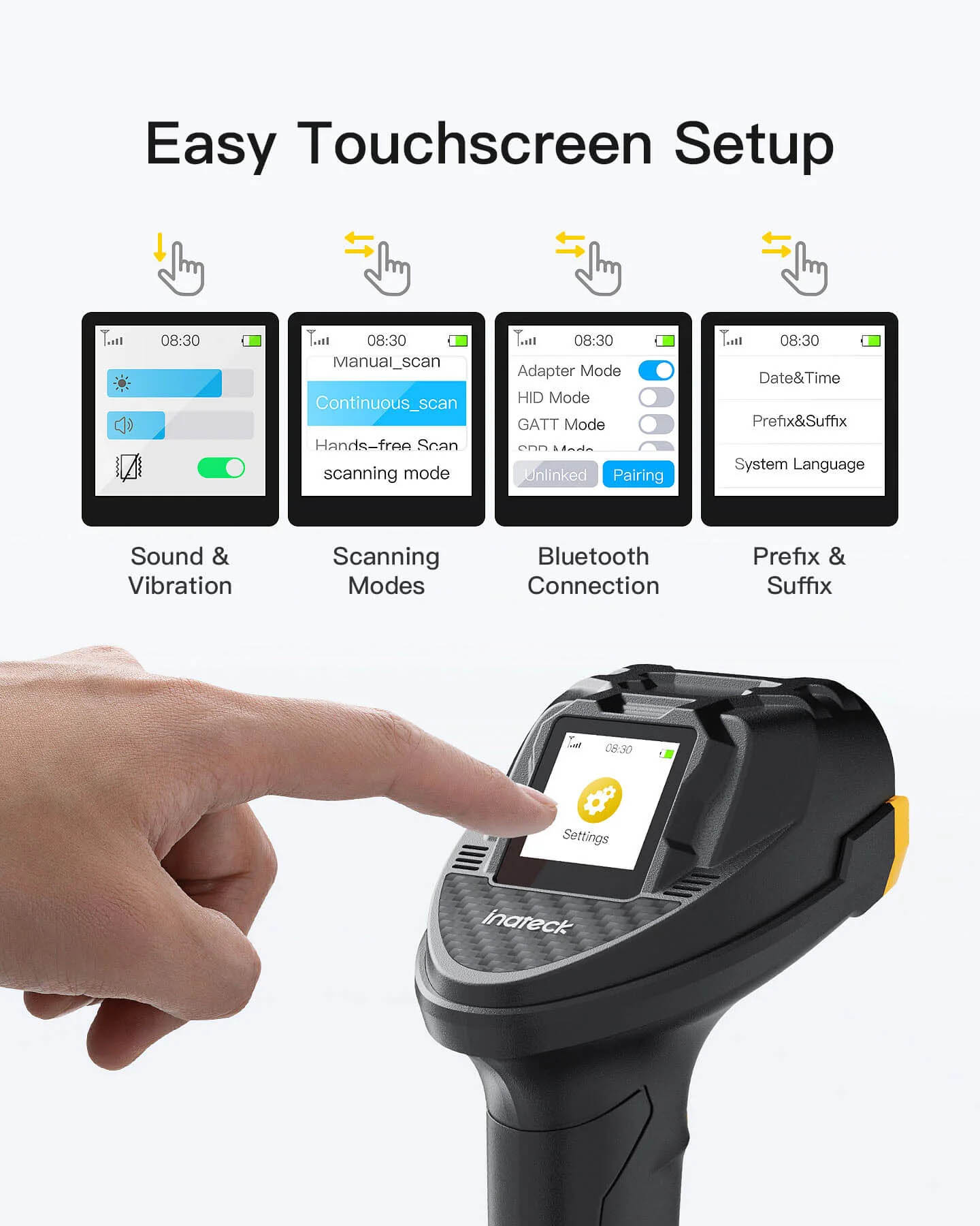Inatech Barcode Scanner CMOS+CCD 1D/2D Wireless 2.4GHz/Bluetooth USB-A 2600mAh Display Screen Smart Charging Base N6001 Black