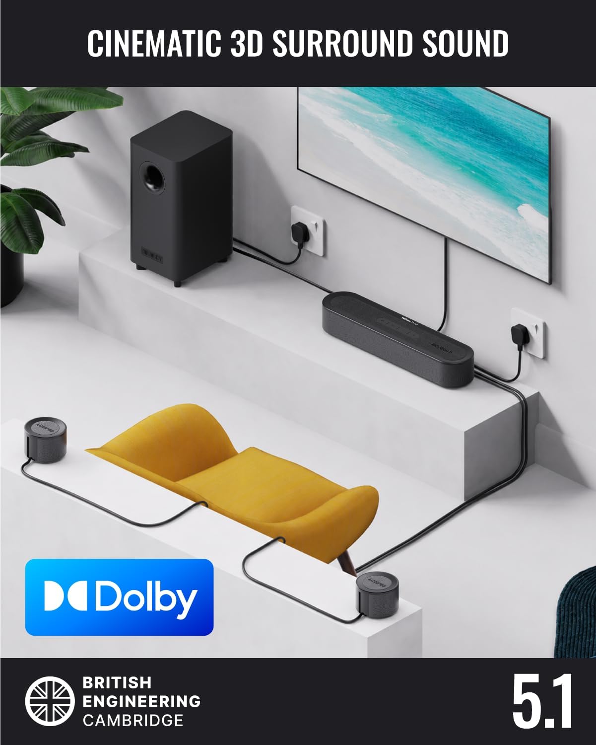 Majority Soundbar BOWFELL HALO DOLBY 5.1 230W Wired Sub & 2 Satellite Speakers