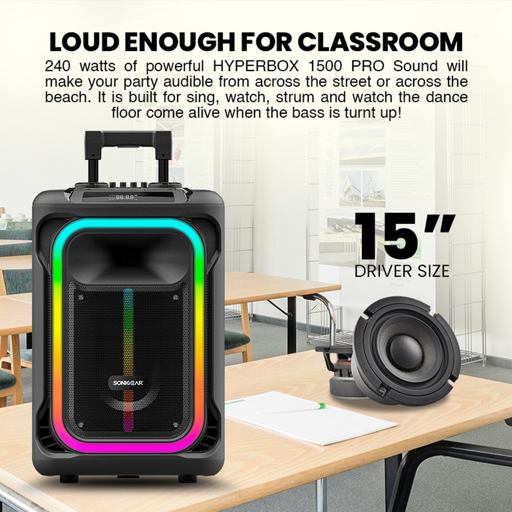 SonicGear HYPERBOX 1500 Pro 15'' Portable Karaoke Speaker 240W BT/USB 2x Wireless Mics