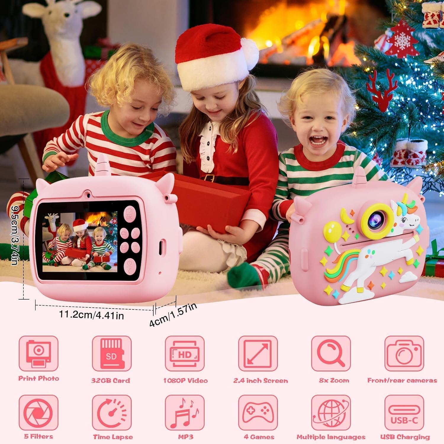 Kids Instant Camera with Printing Paper & 32G TF Card, Gift for Children 3-12 Years - Pink