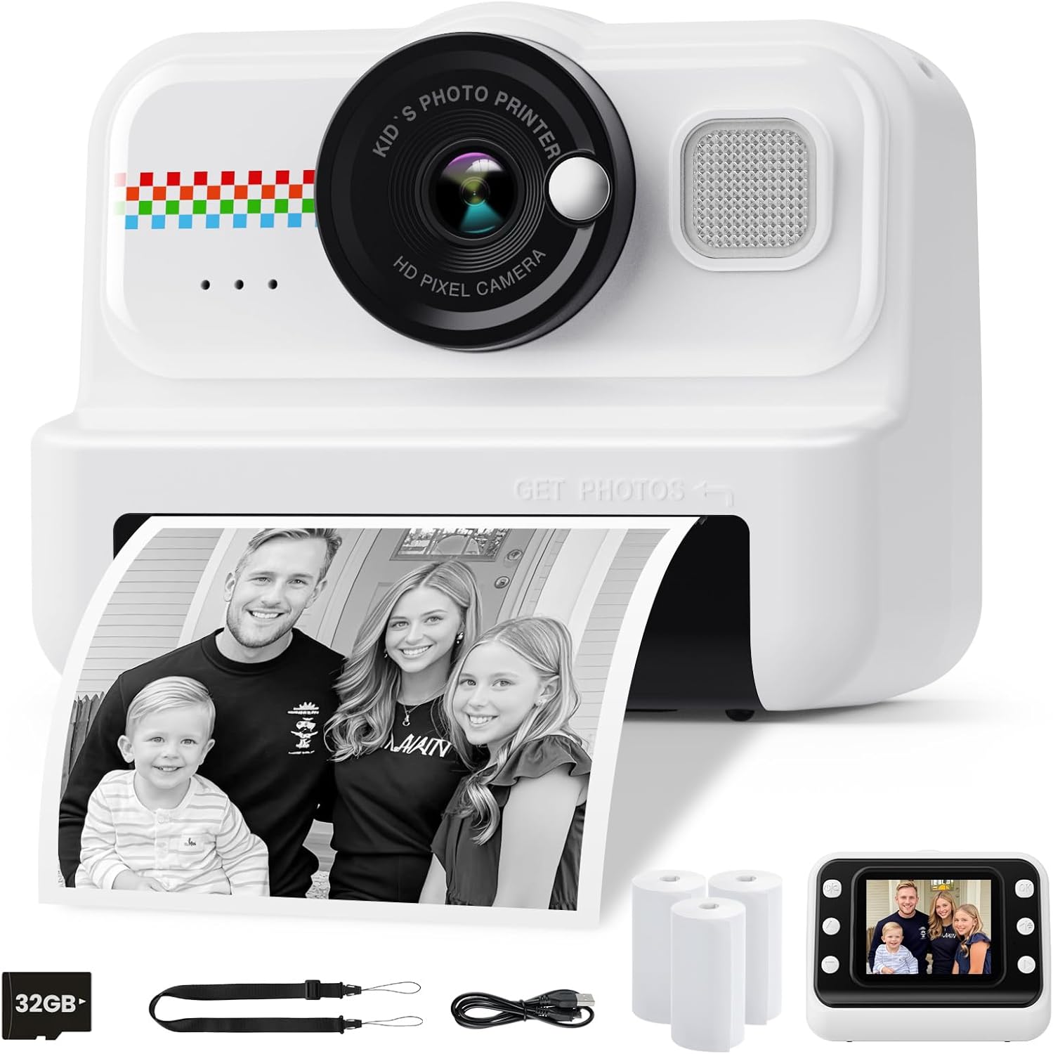 Children's Instant Camera with 32GB Card & 3 Rolls of Printing Paper - White