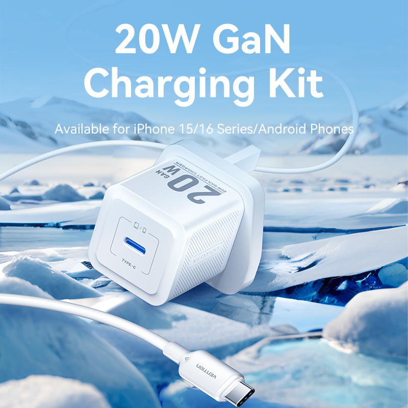 Vention Charger Wall GaN 20W 1xUSBC UK + USB-C 1m Cable Black FEPB0-UK-01