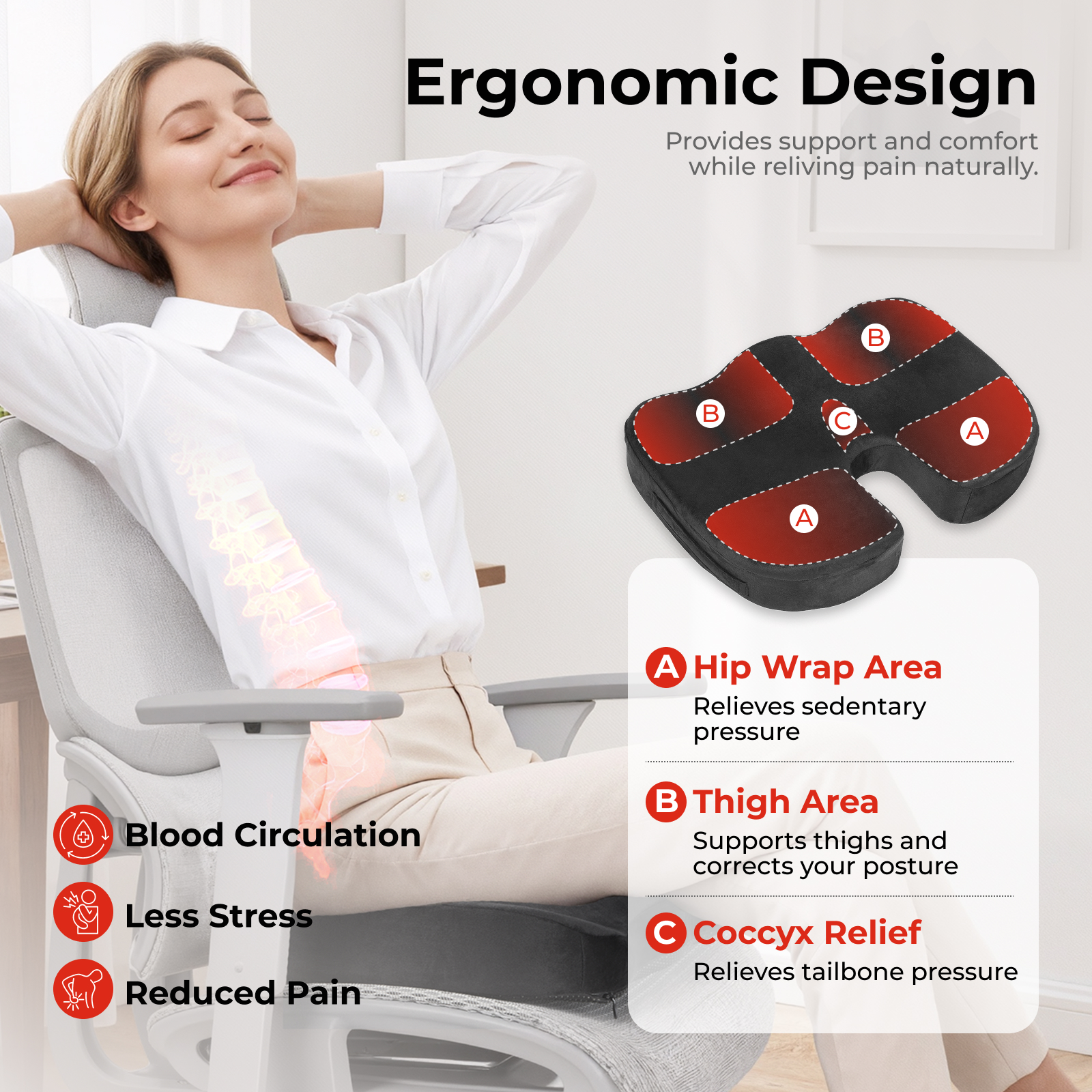 Lumivida Ergonomic Seat Cushion for Coccyx Orthopedic with Memory Foam & Carry Handle RSC01-2