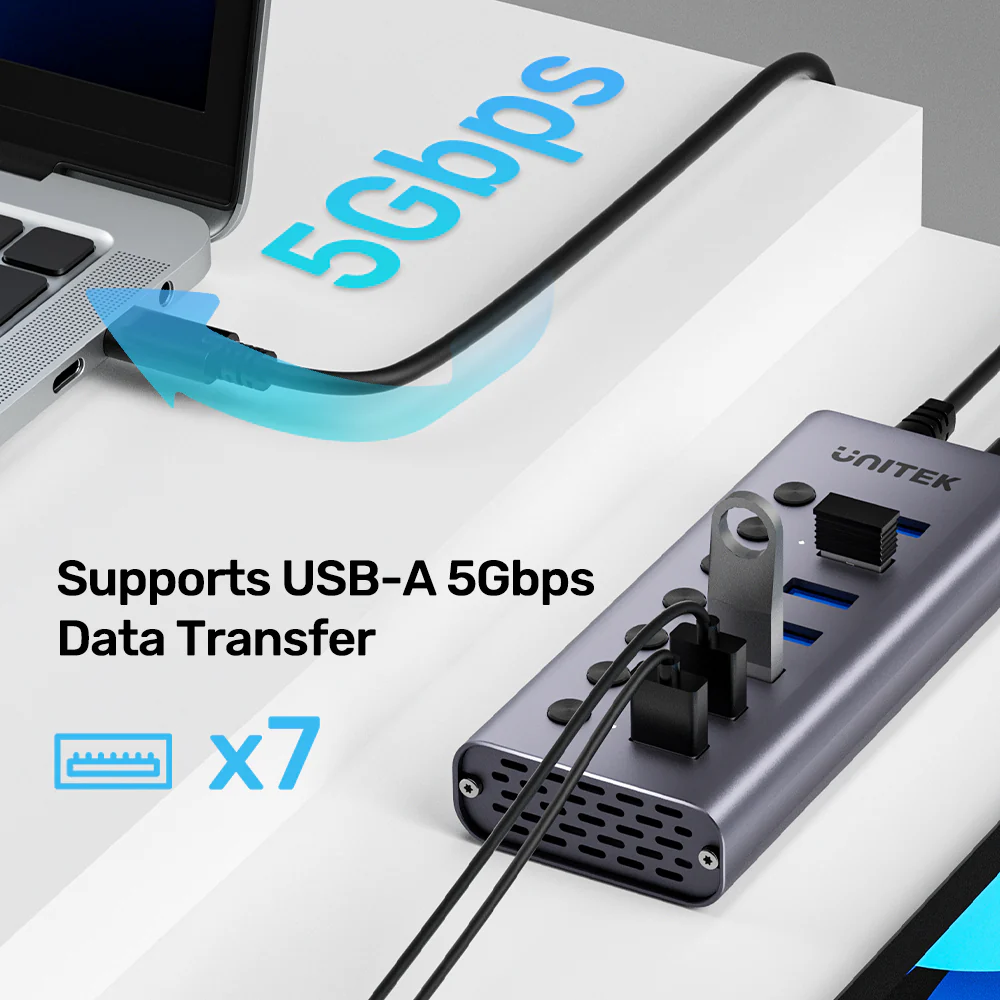 Unitek USB-C Hub 7xUSB-A Power Switch 12V2A H1314A