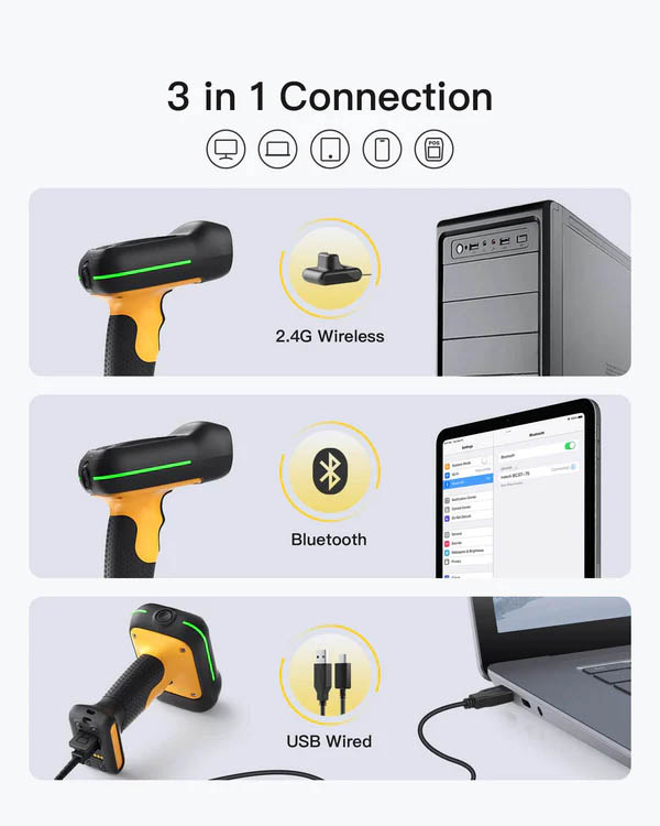 Inatech Barcode Scanner 1D/2D Wireless 2.4GHz/Bluetooth USB-A 2600mAh Smart Charging Base AI Industrial BCST-75S Black