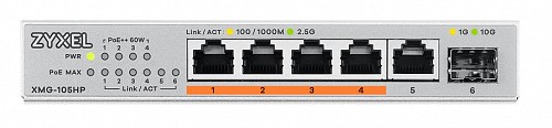 Zyxel 5-Port 2.5G Multi-Gigabit PoE Switch, 4 PoE + 10G SFP+ XMG-105HP